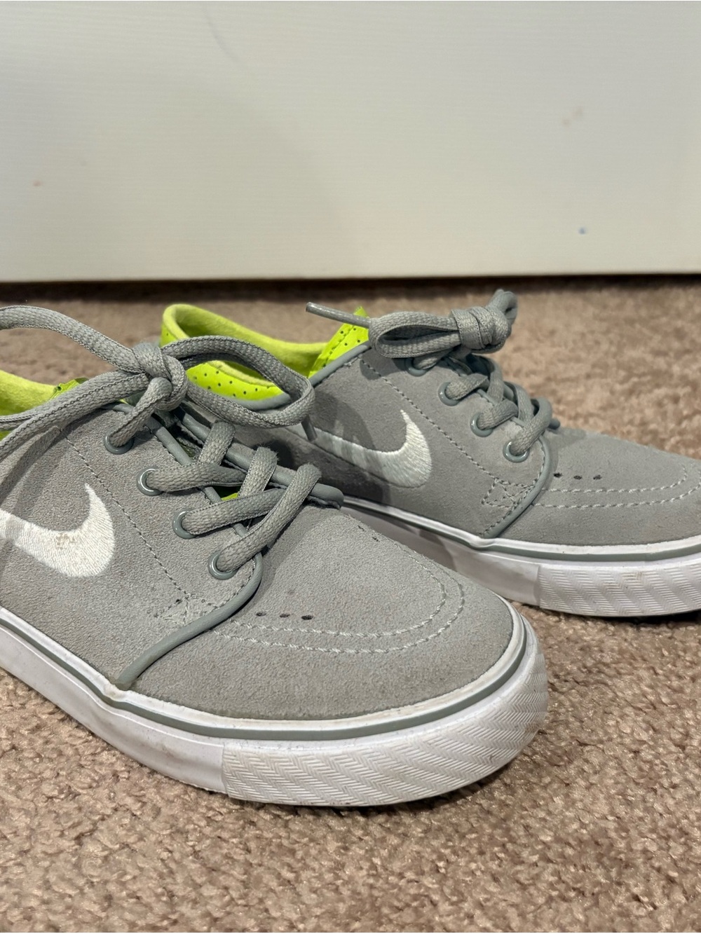 Nike Kids Gray Suede Sneakers with White Swoosh and Lime Lining